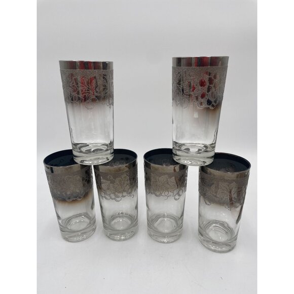 Vintage Silver-Trimmed Ombre Floral Highball Glasses Set Of 6 1950’s Set Of 7 Do - Picture 3 of 5